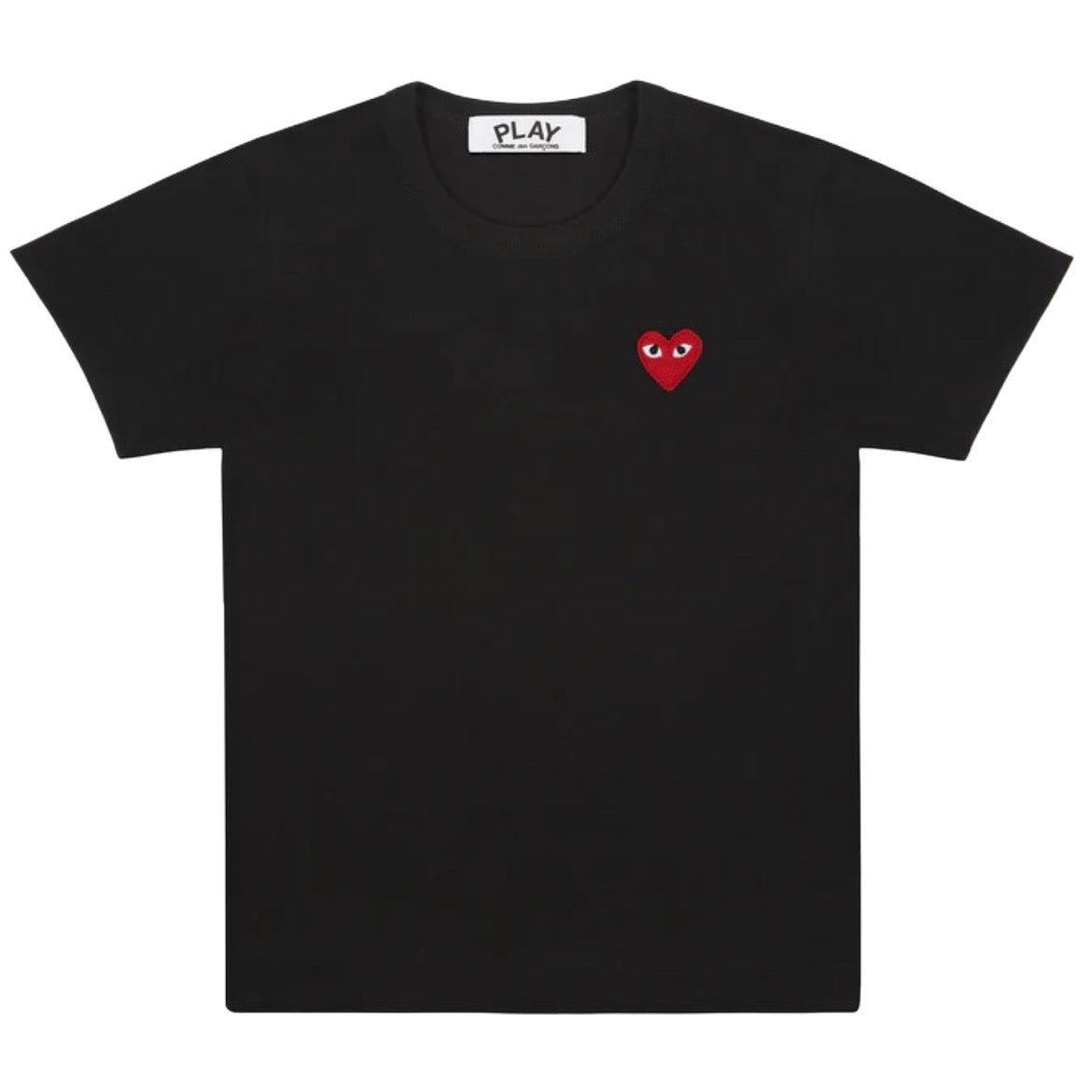 Camiseta Comme des Garcons PLAY na cor preta com emblema vermelho.
