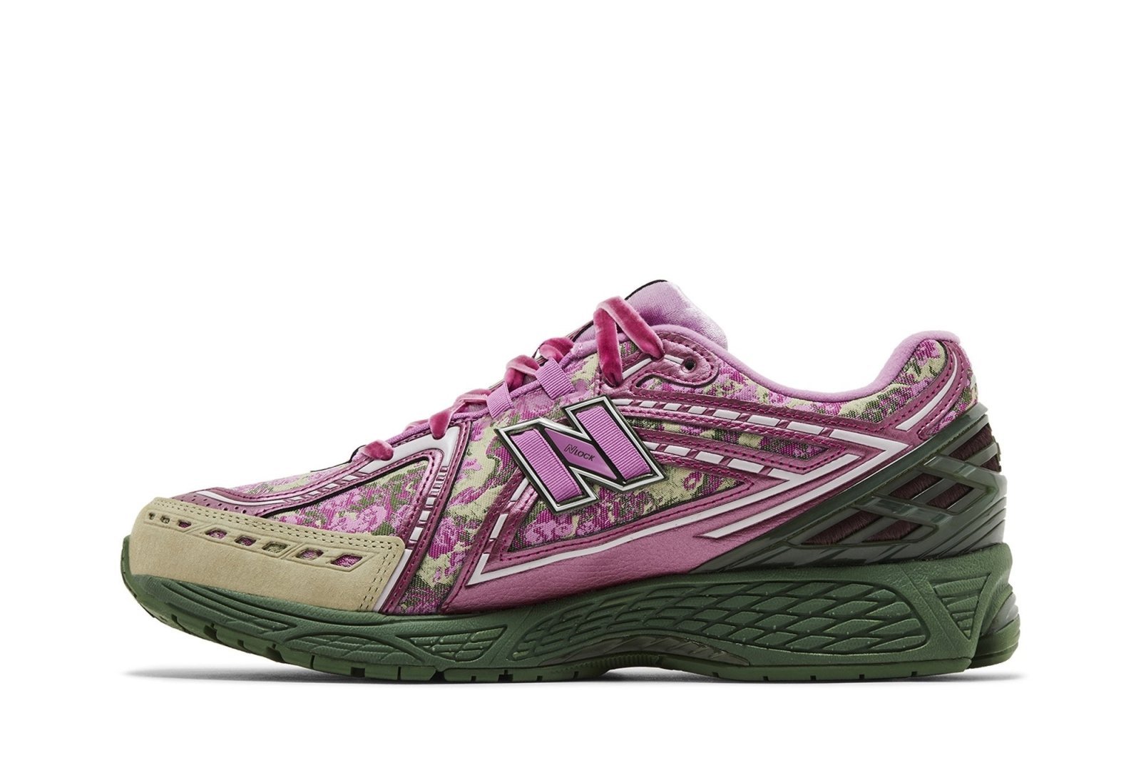 Tênis New Balance 1906R x Jack Harlow Fatigue Green Light Purple Metallic Rosa - Vista frontal