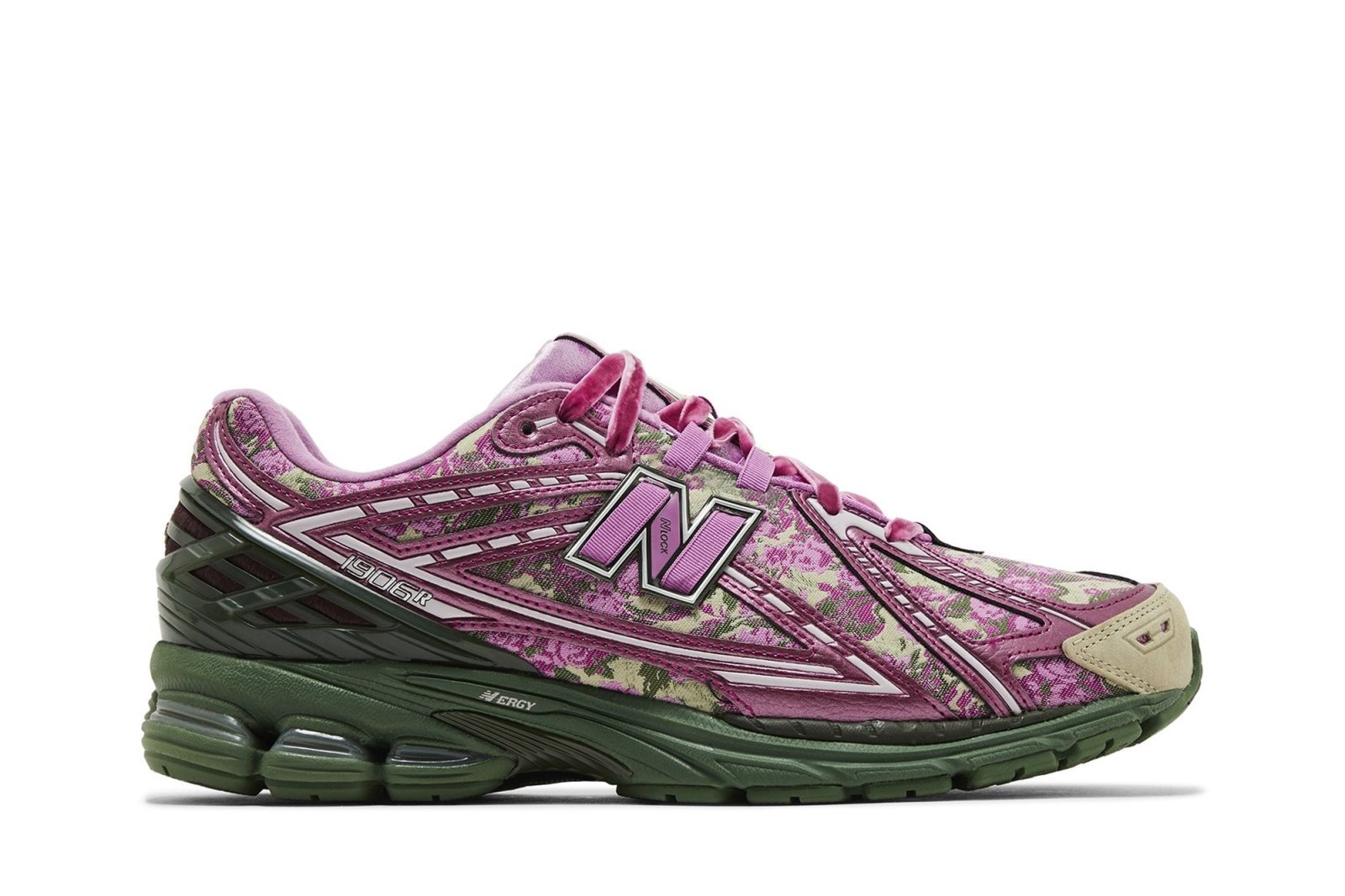 Tênis New Balance 1906R x Jack Harlow Fatigue Green Light Purple Metallic Rosa - Vista lateral
